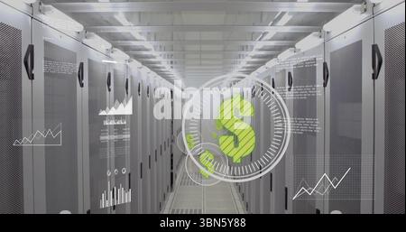 Floating green dollar-sign gauge hovering in data center aisle, displaying charts with server racks Stock Photo