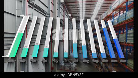 In warehouse, image of 3D bar chart displaying monthly data on shelves Stock Photo