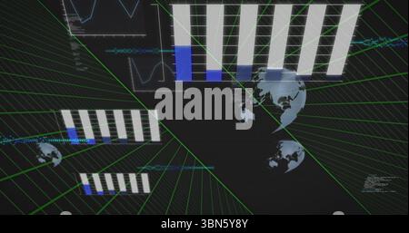 Displaying holographic interface in space featuring green grid lines data charts globe icons Stock Photo