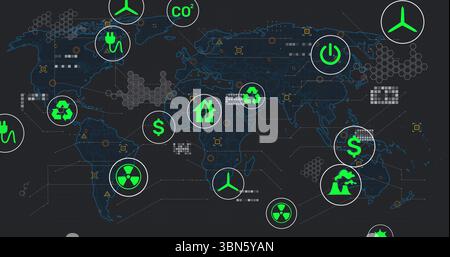 Displaying world map on dark dashboard, showcasing green circular energy and environment icons Stock Photo