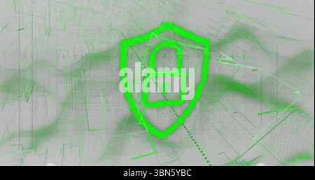 Floating neon green shield displaying padlock icon in abstract digital network, with dotted path Stock Photo