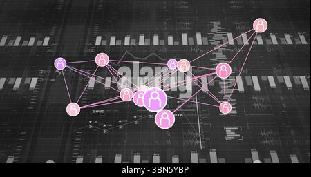 Displaying connected circular user icons floating on dark dashboard grid, with bar chart segments Stock Photo