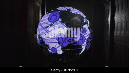 Displaying holographic globe showing global network in dim wood-paneled corridor, with purple icons Stock Photo