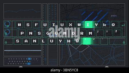 Showing keyboard interface flashing green keys on dashboard, with data panels and city map overlay Stock Photo