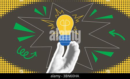 Got an idea - trendy collage hand holding light bulb. Concept of idea emergence, problem solving, brain activity and brainstorming. Horizontal banner Stock Vector