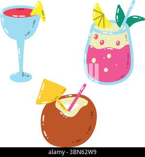 Colorful Tropical Cocktail Set Illustrations with Fruit Garnishes and Decorative Designs Stock Vector