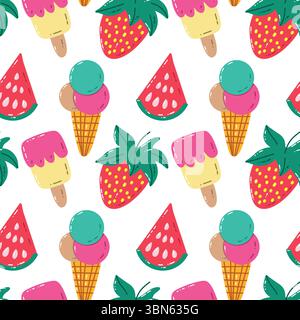 Colorful Pattern of Ice Creams, Strawberries, and Watermelons in Vector Style Stock Vector