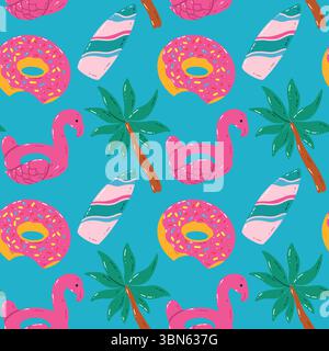 Colorful Summer Pattern With Flamingos, Palm Trees, Donuts, and Surfboards Stock Vector