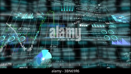 Presenting holographic trading interface in virtual dashboard, showing line graphs and data blocks Stock Photo