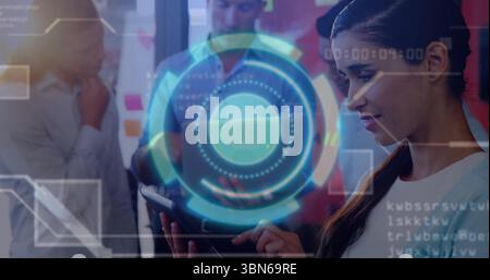 Using tablet UX designer wearing white blouse showing holographic interface in office, copy space Stock Photo