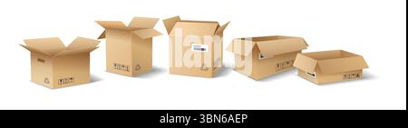 Illustration of various cardboard boxes in brown tones. Includes open and closed boxes of different sizes. Useful for packaging designs and logistics Stock Vector