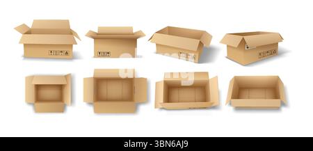 Collection of open cardboard boxes displayed in multiple angles and perspectives. Brown color with clear shadows. Useful for shipping, storage, and pa Stock Vector