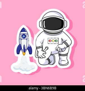 Sticker of Astronaut and Rocket Cartoon Vector Stock Vector