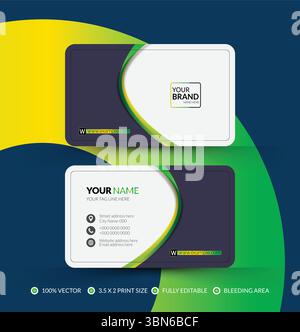 Creative and stylish business card, personal visiting card with green wavy shape, name card, id card template with smart mockup Stock Vector