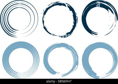 Blue Enso Zen Brush Circle Strokes and Ring Frames Set Stock Vector