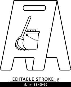 A cleaning sign icon in minimalist style with editable stroke. Wet floor warning, sanitation symbol, janitor tool, caution board, mop and bucket Stock Vector