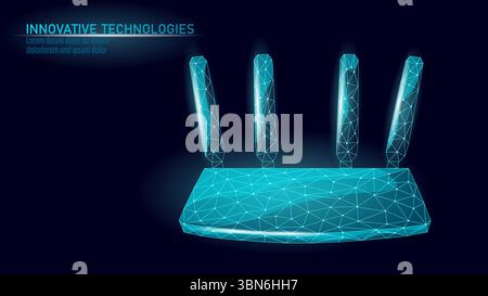 Wireless router technology illustration. Internet hub modem networking communication design. Home office business connectivity device. Polygonal style Stock Vector
