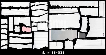 Pieces of torn newspaper on black background Stock Photo