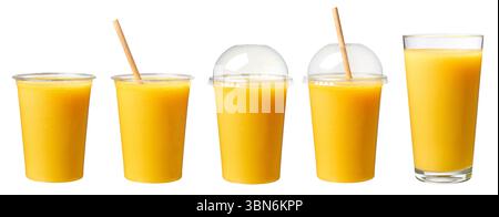 set of fresh yellow mango, pineapple and lemon smoothie in take away cup isolated on white background Stock Photo