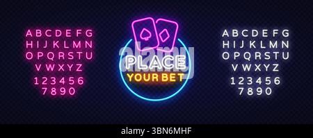 Neon place your bet layout with two glowing playing cards, circular border and full bright alphabets on both sides. Ideal for gambling themed content. Stock Vector