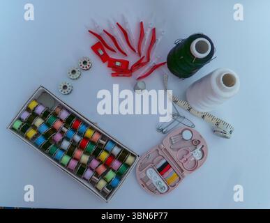 Large set of sewing accessories on white background Stock Photo