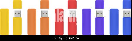 Mockup of usb flash drive. Yellow, orange, red, purple and blue gadgets. Open and closed cap. Storage device Stock Vector