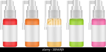 Mockup of a sore throat spray. Transparent bottles filled with red, orange, yellow, green and pink suspensions Stock Vector