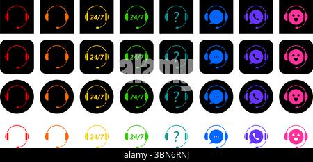 Customer support icons. Headphones and speech bubbles. Assistance, technical support, service. Stock Vector