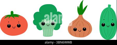 Set of cute vegetables. Broccoli, tomato, onion, cucumber. Stock Vector