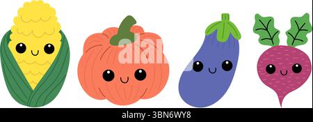 Set of kawaii veggies. Colorful collection of vegetables. Smiling faces. Stock Vector