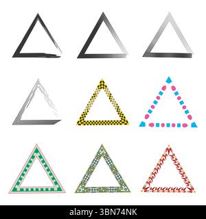 Decorative triangle set. Bold patterns and colors. Multistyle border frames. Modern geometric accents. Stock Vector