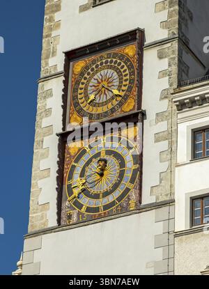 Close-up of two clocks of the Old Town Hall Clock Tower, Goerlitz, Goerlitz, Germany, Europe Stock Photo