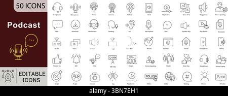 Podcast and Audio Content Line Icons: Microphone, Listening and Digital Media Vectors. Stock Vector