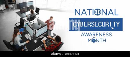 Banner for National Cybersecurity Awareness Month with programmers in office Stock Photo