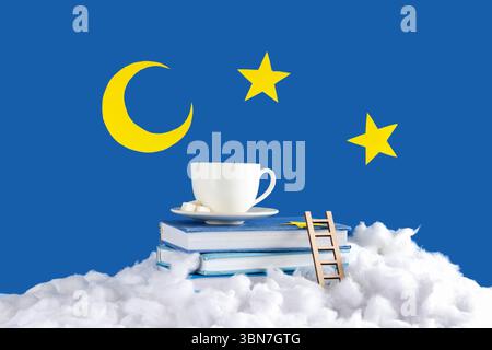 Cotton clouds, books, cup of tea, paper moon and stars on blue background Stock Photo