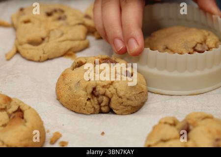 A baker shapes cookies with a cookie cutter Stock Photo