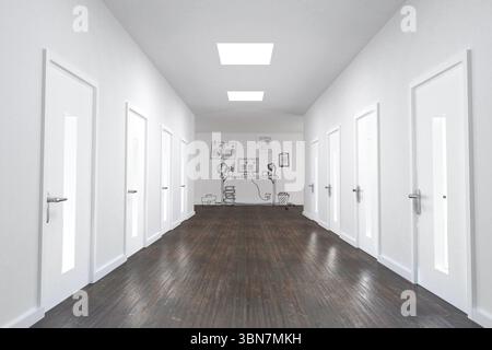 Symmetric office corridor is extending in flat style with white panel doors to sketched desk scene Stock Photo