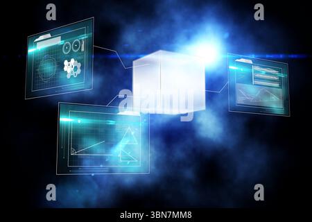 3D render showing translucent cube on glowing lines to screens with gauges, waveforms in haze Stock Photo