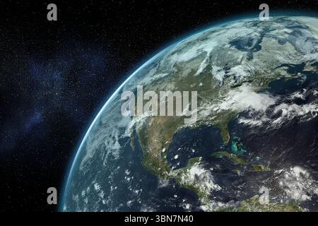 Earth is being shown from orbit in 3D render, displaying cloud formations and star field Stock Photo
