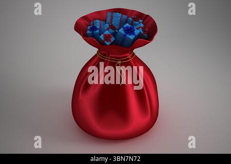 Red satin sack is resting on gray backdrop in flat-style design, holding blue boxes with bows Stock Photo