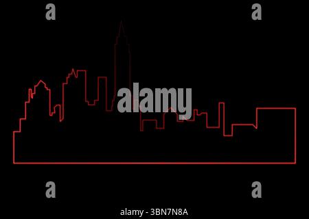 Vector line art is tracing neon-red skyline on black background, showing tower spire and rooftops Stock Photo