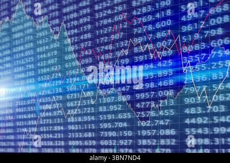Displaying multi-color line graphs on blue grid with translucent numeric overlay and glowing streak Stock Photo