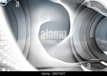 Swirling white dotted mesh structure is revealing cloudy sky in 3D render, concentric forms Stock Photo