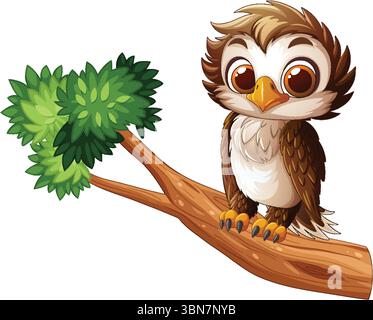 Adorable owl perched on a leafy branch Stock Vector