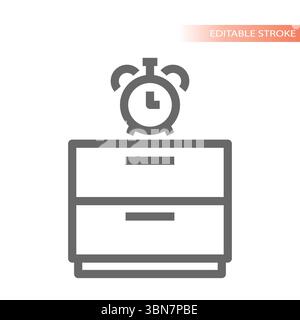 Night stand or night stand with alarm clock. Home decor furniture store, bedside drawers with a clock line vector icon. Stock Vector