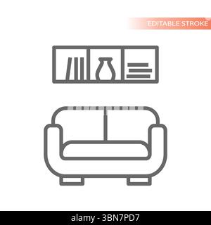 Sofa or couch with shelves line icon. Home interior furniture store, book shelf or bookshelf vector. Stock Vector