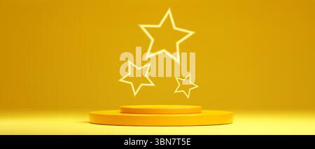 Neon star shapes on pedestal - three glowing outlines of five pointed stars floating above round gold platform on yellow background. 3d minimalist geometric light award ceremony podium decoration. Stock Vector