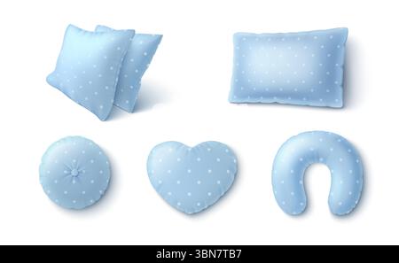 Blue pillow and cushion 3d set with white polka dot pattern. Sweet decorative shapes - rectangular and bolster, round and heart, neck travel. Cute nursery bedding for boys or girls room, baby designs. Stock Vector