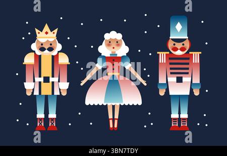 Colorful nutcracker soldier, ballerina and king on dark blue background with snowflakes - festive Christmas characters wearing traditional uniforms, crown and tall hats. Holiday wooden fairy tale toy Stock Vector