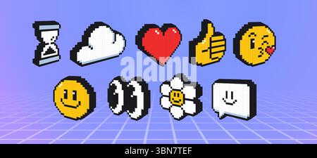 3d pixel emoticon icons with 8 bit hourglass timer, white cloud, red heart, thumbs up hand gesture, kissing and happy smiling face, google eyes, daisy flower and speech bubble for retro game interface Stock Vector